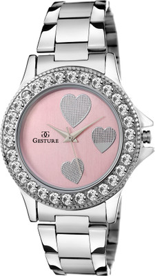 Gesture 09- Pink Heart Dial Elegant Watch - For Girls