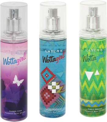 LAYERR WOTTAGIRL SPELL BOUND FRAGRANT BODY SPLASH + WOTTAGIRL PURE PARADISE FRAGRANT BODY SPLASH + WOTTAGIRL AMBER KISS FRAGRANT BODY SPLASH Body Spray - For Women(135 ml)
LAYERR WOTTAGIRL SPELL BOUND FRAGRANT BODY SPLASH + WOTTAGIRL PURE PARADISE FRAGRANT BODY SPLASH + WOTTAGIRL AMBER KISS FRAGRANT BODY SPLASH Body Spray - For Women(135 ml)