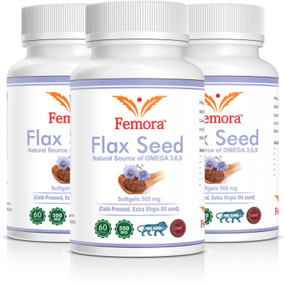 Femora Flaxseed Oil Omega 3 6 9 Fatty Acid Supplement Pack of 3- Extra Virgin Cold Pressed 500 mg - 60 Capsules(3 No)
Femora Flaxseed Oil Omega 3 6 9 Fatty Acid Supplement Pack of 3- Extra Virgin Cold Pressed 500 mg - 60 Capsules(3 No)