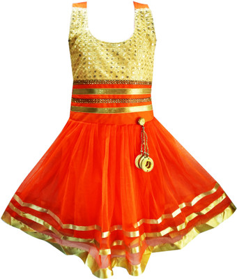 Fashionitz Girls Midi/Knee Length Party Dress(Orange, Sleeveless
