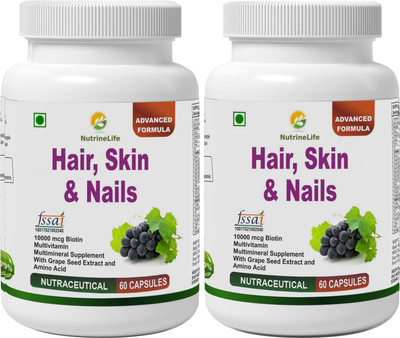 NutrineLife Biotin 10000 mcg Hair Skin and Nail supplement with Multivitamin, Minerals, Grape seed extract and Amino acid supports hair growth, glowing skin and strong nail for men and women 60 Veg Capsules.(60 No)
NutrineLife Biotin 10000 mcg Hair Skin and Nail supplement with Multivitamin, Minerals, Grape seed extract and Amino acid supports hair growth, glowing skin and strong nail for men and women 60 Veg Capsules.(60 No)