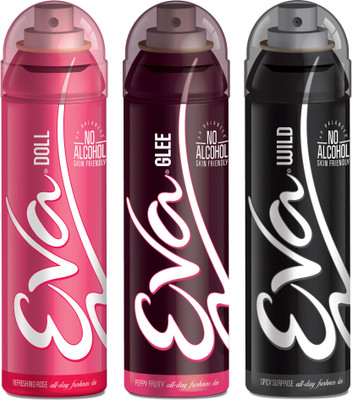 EVA Deodorant Spray, Doll, Wild & Glee ,125ml - Combo 3 Deodorant Spray - For Women(125 ml, Pack of 3)
EVA Deodorant Spray, Doll, Wild & Glee ,125ml - Combo 3 Deodorant Spray - For Women(125 ml, Pack of 3)
