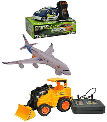 kts khalsa toys Combo Of Musical Plane With Crazy Remote Car And Wired Remote Jcb(Multicolor)