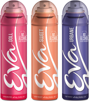 EVA Deodorant Spray, Doll, Sweet & Urbane ,125ml - Combo 3 Deodorant Spray - For Women(125 ml, Pack of 3)
EVA Deodorant Spray, Doll, Sweet & Urbane ,125ml - Combo 3 Deodorant Spray - For Women(125 ml, Pack of 3)