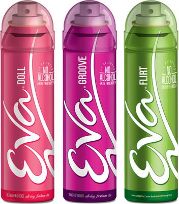EVA Deodorant Spray, Doll, Flirt & Groove ,125ml - Combo 3 Deodorant Spray - For Women(125 ml, Pack of 3)
EVA Deodorant Spray, Doll, Flirt & Groove ,125ml - Combo 3 Deodorant Spray - For Women(125 ml, Pack of 3)