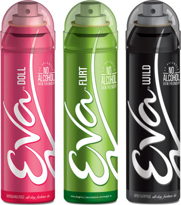 EVA Deodorant Spray, Doll, Wild & Flirt ,125ml - Combo 3 Deodorant Spray - For Women(125 ml, Pack of 3)
EVA Deodorant Spray, Doll, Wild & Flirt ,125ml - Combo 3 Deodorant Spray - For Women(125 ml, Pack of 3)