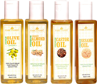 Park Daniel Premium Castor oil, Olive Oil and Sesame oil and Sweet Almond oil Combo of 4 bottles of 100 ml(400ml)(400 ml)
Park Daniel Premium Castor oil, Olive Oil and Sesame oil and Sweet Almond oil Combo of 4 bottles of 100 ml(400ml)(400 ml)