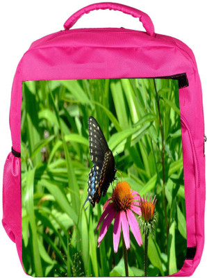 Snoogg Eco Friendly Canvas Black Butterfly In Pink Flower Designer Backpack Rucksack School Travel Unisex Casual Canvas Bag Bookbag Satchel 5 L Backpack(Pink)