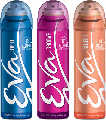 EVA Deodorant Spray, Sweet, Groove & Dew ,125ml - Combo 3 Deodorant Spray - For Women(125 ml, Pack of 3)
EVA Deodorant Spray, Sweet, Groove & Dew ,125ml - Combo 3 Deodorant Spray - For Women(125 ml, Pack of 3)
