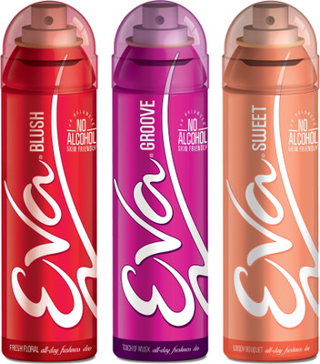 EVA Deodorant Spray, Sweet, Groove & Blush ,125ml - Combo 3 Deodorant Spray - For Women(125 ml, Pack of 3)
EVA Deodorant Spray, Sweet, Groove & Blush ,125ml - Combo 3 Deodorant Spray - For Women(125 ml, Pack of 3)