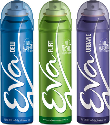EVA Deodorant Spray, Flirt, Urbane & Dew ,125ml - Combo 3 Deodorant Spray - For Women(125 ml, Pack of 3)
EVA Deodorant Spray, Flirt, Urbane & Dew ,125ml - Combo 3 Deodorant Spray - For Women(125 ml, Pack of 3)