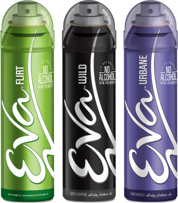 EVA Deodorant Spray, Wild, Flirt & Urbane ,125ml - Combo 3 Deodorant Spray - For Women(125 ml, Pack of 3)
EVA Deodorant Spray, Wild, Flirt & Urbane ,125ml - Combo 3 Deodorant Spray - For Women(125 ml, Pack of 3)