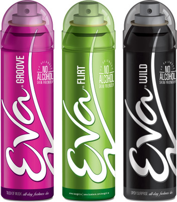 EVA Deodorant Spray, Wild, Flirt & Groove ,125ml - Combo 3 Deodorant Spray - For Women(125 ml, Pack of 3)
EVA Deodorant Spray, Wild, Flirt & Groove ,125ml - Combo 3 Deodorant Spray - For Women(125 ml, Pack of 3)