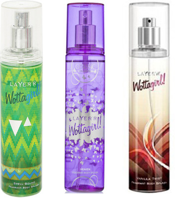 LAYERR WOTTAGIRL VANILLA TWIST FRAGRANT BODY SPLASH + WOTTAGIRL SPELL BOUND FRAGRANT BODY SPLASH + WOTTAGIRL HEAVEN FRAGRANT BODY SPLASH Body Spray - For Women(135 ml, Pack of 3)
LAYERR WOTTAGIRL VANILLA TWIST FRAGRANT BODY SPLASH + WOTTAGIRL SPELL BOUND FRAGRANT BODY SPLASH + WOTTAGIRL HEAVEN FRAGRANT BODY SPLASH Body Spray - For Women(135 ml, Pack of 3)