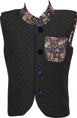 K&U Sleeveless Self Design Boys Jacket, Black