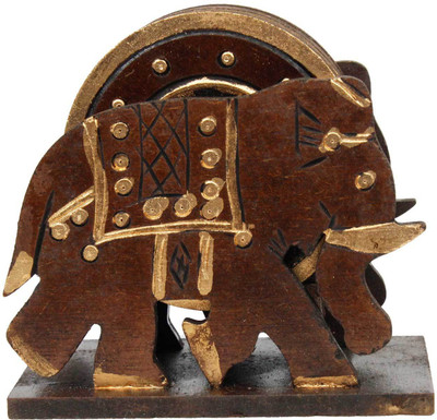Little Jaipur Round Wood Coaster Set(Pack of 6), Brown