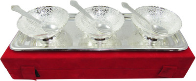GoldGiftIdeas 4 Inch Silver Plated Three Peacock Bowl Spoon Tray Serving Set