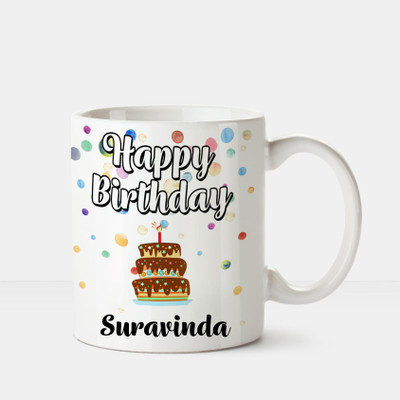 Huppme Happy Birthday Suravinda Printed Coffee White Ceramic Mug(350 ml), Multicolor