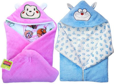 BRANDONN Printed Hooded Baby Blanket(Fur, Pink, SKY BLUE
