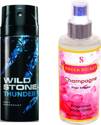 Wild Stone THUNDER 150 ML with SHEER SECRET CHAMPAGNE WOMEN BODY MIST 200 ML(Set of 2)
Wild Stone THUNDER 150 ML with SHEER SECRET CHAMPAGNE WOMEN BODY MIST 200 ML(Set of 2)
