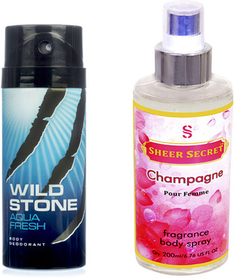 Wild Stone AQUA 150 ML with SHEER SECRET CHAMPAGNE WOMEN BODY MIST 200 ML(Set of 2)
Wild Stone AQUA 150 ML with SHEER SECRET CHAMPAGNE WOMEN BODY MIST 200 ML(Set of 2)