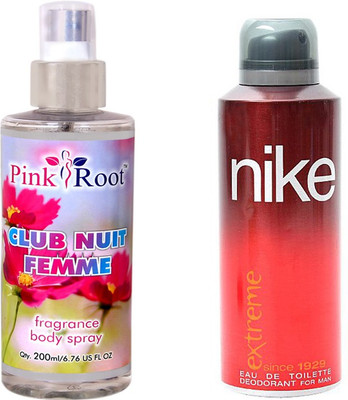 Nike Extreme for Man 200ml and Pink Root Club Nuit Femme Fragrance body Spray 200ml Pack of 2(Set of 2) 
Nike Extreme for Man 200ml and Pink Root Club Nuit Femme Fragrance body Spray 200ml Pack of 2(Set of 2)