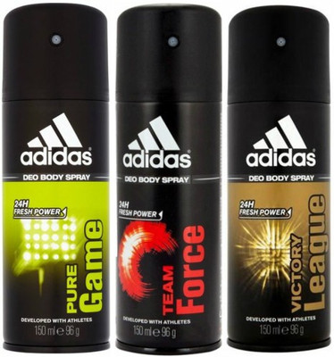 ADIDAS One Pure Game, One Team Force and One Victory League Combo Set Body Spray - For Men(450 ml, Pack of 3)
ADIDAS One Pure Game, One Team Force and One Victory League Combo Set Body Spray - For Men(450 ml, Pack of 3)