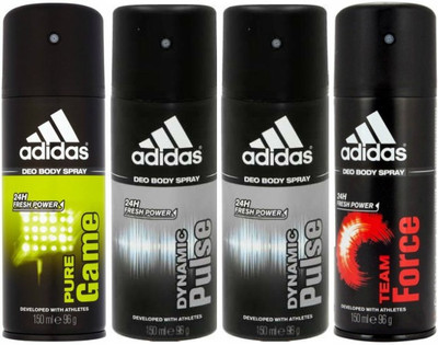 ADIDAS One Pure Game, Two Dynamic Pulse and One Team Force Combo Set Body Spray - For Men(600 ml, Pack of 4)
ADIDAS One Pure Game, Two Dynamic Pulse and One Team Force Combo Set Body Spray - For Men(600 ml, Pack of 4)