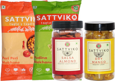 Sattviko Pudina Makhana, Peri Peri Makhana, Dry Mango and Roasted Salsa Almonds (242 gram) Combo(242)