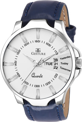 Gesture 1102- Silver Day And Date Strap Watch - For Men