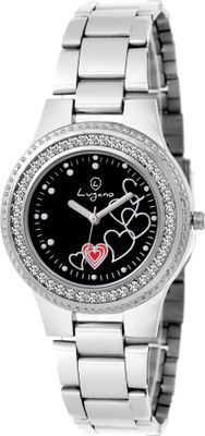 Lugano LG 2046 Gem Studded with Black Heart Dial Watch - For Women