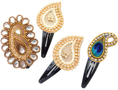 PRETTY PONYTAILS Set of four ethnic paisley hand embroidered clips in antique gold and unique peacock feather Hair Clip(Gold)
PRETTY PONYTAILS Set of four ethnic paisley hand embroidered clips in antique gold and unique peacock feather Hair Clip(Gold)