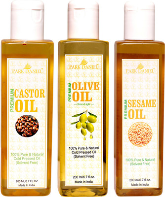 Park Daniel Cold Pressed Castor oil, Extra light Olive oil and Sesame oil Combo pack of 3 bottle of 200 ml(600 ml) Hair Oil(600 ml)
Park Daniel Cold Pressed Castor oil, Extra light Olive oil and Sesame oil Combo pack of 3 bottle of 200 ml(600 ml) Hair Oil(600 ml)