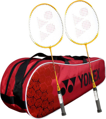 Yonex Kitbag Racquet Badminton Kit (1 SUNR 1005 Badminton Kitbag, RED + 2 GR 303 Badminton Racquet, YELLOW) Badminton Kit