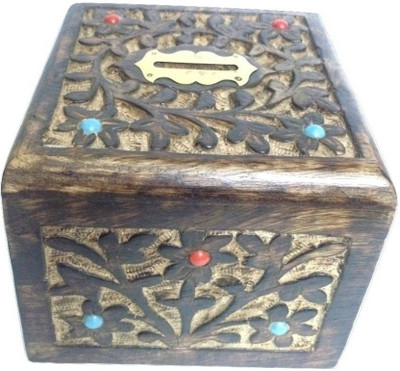 CraftOnline wooden square coin box Coin Bank(Brown)