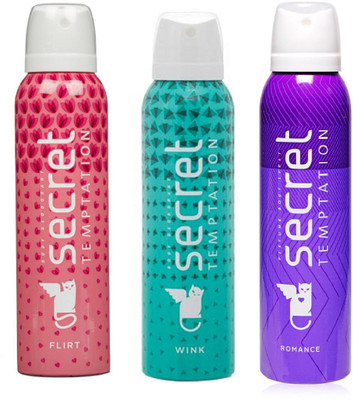 Secret Temptation Romance, Flirt and Wink Deodorant Spray Pack of 3 Combo (150ML each) Deodorant Spray - For Women(450 ml, Pack of 3)
Secret Temptation Romance, Flirt and Wink Deodorant Spray Pack of 3 Combo (150ML each) Deodorant Spray - For Women(450 ml, Pack of 3)