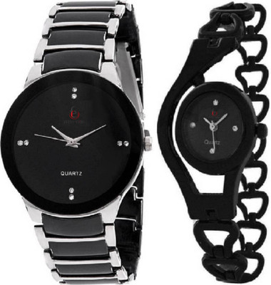Freny Exim Black And Silver Strap Black Dial with Full Black Bracelet Chain Strap Combo Watch - For Girls