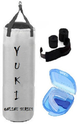 YUKI Online Series 2.5 Feet Long, Synthetic Leather Material, White Color, Unfilled with Hanging Straps, 9 Feet Long Black Color Hand Wraps Pair & Mouth Guard Boxing Kit
YUKI Online Series 2.5 Feet Long, Synthetic Leather Material, White Color, Unfilled with Hanging Straps, 9 Feet Long Black Color Hand Wraps Pair & Mouth Guard Boxing Kit