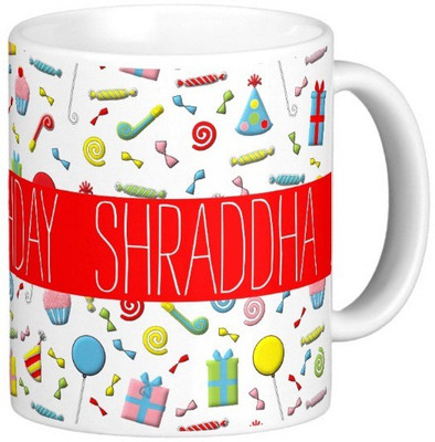 Exoctic Silver Happy Birthday SHRADDHA Ceramic Mug(300 ml), Multicolor