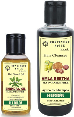 Continent Spice Khadi Bhringraj Hair oil 100 ml with Amla Reetha Shampoo 210 ml Combo (SLS & Paraben Free)-CS682005(Set of 2)
Continent Spice Khadi Bhringraj Hair oil 100 ml with Amla Reetha Shampoo 210 ml Combo (SLS & Paraben Free)-CS682005(Set of 2)