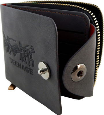 Teenage Men Grey Artificial Leather Wallet(10 Card Slots)