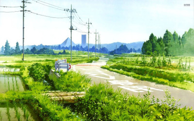 Akhuratha Anime acountryside-road-bridge-rice-field Wall Poster Paper Print(12 inch X 18 inch, Rolled)