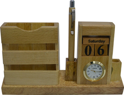 Jaycoknit 3 Compartments WOODEN PEN STAND(Brown)