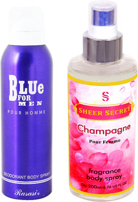 Rasasi BLUE FOR MEN 200 ML with SHEER SECRET CHAMPAGNE WOMEN(Set of 2)