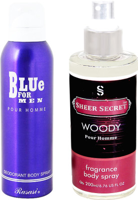 Rasasi BLUE FOR MEN 200 ML with SHEER SECRET WOODY MEN 200 ML(Set of 2)