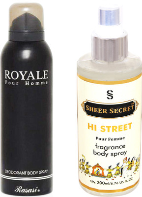 Rasasi ROYALE BLACK 200 ML with SHEER SECRET HI STREET WOMEN 200 ML(Set of 2)
Rasasi ROYALE BLACK 200 ML with SHEER SECRET HI STREET WOMEN 200 ML(Set of 2)