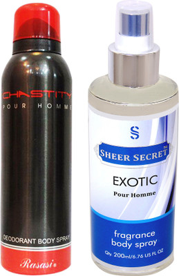 Rasasi CHASTITY MEN 200 ML with SHEER SECRET EXOTIC MEN 200 ML(Set of 2)
Rasasi CHASTITY MEN 200 ML with SHEER SECRET EXOTIC MEN 200 ML(Set of 2)