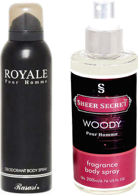 Rasasi ROYALE BLACK 200 ML with SHEER SECRET WOODY MEN 200 ML(Set of 2)
