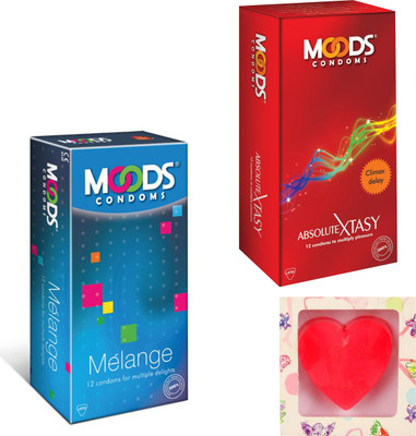 Moods Aabsolute Xtasy & Melange Condoms With Premium Heart Shape Soap Condom(Set of 2, 24S)
Moods Aabsolute Xtasy & Melange Condoms With Premium Heart Shape Soap Condom(Set of 2, 24S)