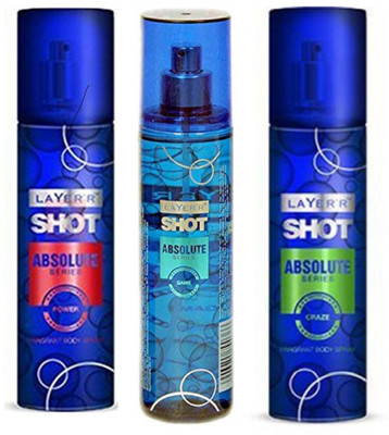 Layerr Shot Absolute Series Power, Game and Craze Perfume Body Spray Pack of 3 Combo (135ML each) Perfume Body Spray - For Men(405 ml, Pack of 3)
Layerr Shot Absolute Series Power, Game and Craze Perfume Body Spray Pack of 3 Combo (135ML each) Perfume Body Spray - For Men(405 ml, Pack of 3)